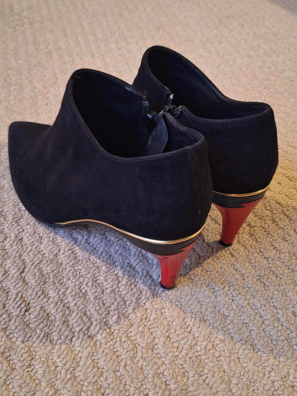 Tanya Heath Black Suede Ankle Booties with Red Heel